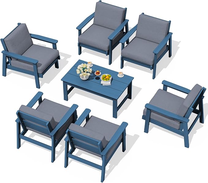 SERWALL HDPE Outdoor Furniture Set, 7 Piece All Weather Wood-Like Outdoor Sofa Sectional Couch, Blue Patio Furniture Set with Grey Cushions