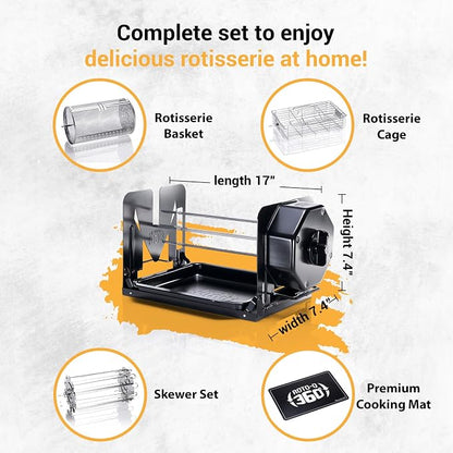 ROTO-Q 360 Family Rotisserie Kit – Non-Electric Wind-Up Spit Roaster with Basket, Flat Cage, Skewer Set & Mat for Grill, Oven, Smoker, Portable BBQ Cooking, Tailgating, or Camping Use