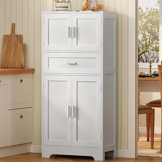 Bathroom Storage Cabinet with Adjustable Shelf & Large Drawer | Tall Storage Cabinet with 4 Doors, Kitchen Pantry Storage Cabinets, for Living Room, Dining Room, Entryway, White