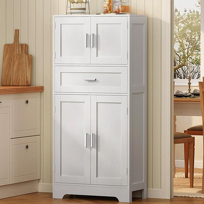 Bathroom Storage Cabinet with Adjustable Shelf & Large Drawer | Tall Storage Cabinet with 4 Doors, Kitchen Pantry Storage Cabinets, for Living Room, Dining Room, Entryway, White