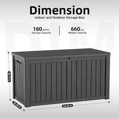 180 Gallon Large Outdoor Storage Box Waterproof, UV Resistant Resin Deck Box with Hydraulic Rod for Patio Furniture,Garden Tools,Cushions, Easy to Install（Black）