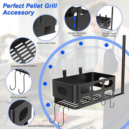 Storage Bin for Traeger Smoker Grill Caddy with Paper Towel Holder and Hooks and Anti-Scratch Pads, Traeger Accessories Compatible with Traeger, Pit Boss, Z-Grills, Grill Accessories for Outdoor Grill