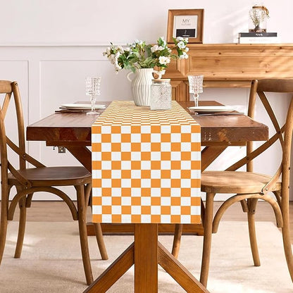 Orange White Checkered Table Runner Fall Thanksgiving Harvest Checkerboard Decoration for Wedding Birthday Bridal Baby Shower Christmas Home Party Kitchen Island Decor (Orange, 13" x 90")