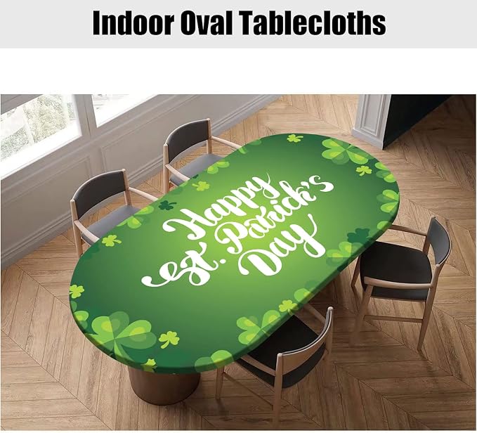Happy St, Patrick's Day Oval Fitted Table Cloths, Green Clover Leaves Pattern Print Polyester Tablecloth, 60x84 Inch, Elastic Edged Oblong Fitted Table Covers for Spring Holiday Party and Dinner Use