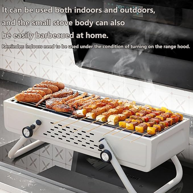 Portable Charcoal BBQ Grill Outdoor Cooking Barbecue Grill Large Number of Vents System with Height Adjustable Cooking Grate Suitable for Camping, Outdoor Cooking, Patio, Garden(White with storage bag