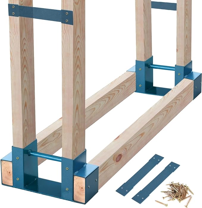 MOFEEZ Outdoor Firewood Log Storage Rack 2x4 Bracket Kit, Fireplace Wood Storage Holder, Adjustable to Any Length - Dark Blue, Two Bases