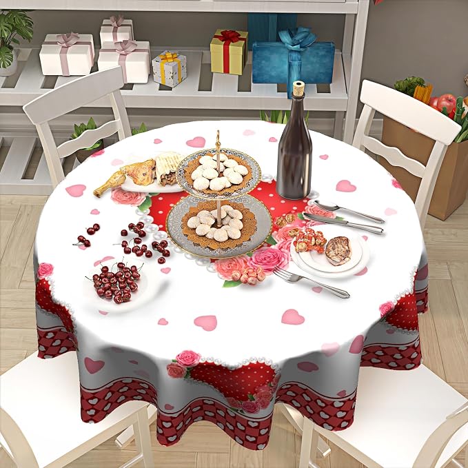 Sweetshow Valentines Day Table Cloth Round Red Hearts Pink Rose Flower Tablecloth 70 Inch with Check Plaid Decor Washable Stain and Wrinkle Love Romantic Round Table Cover for Dining Picnic