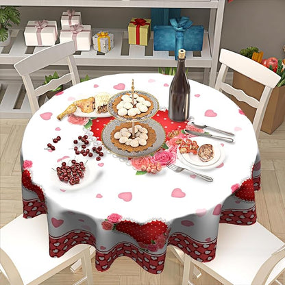 Sweetshow Valentines Day Table Cloth Round Red Hearts Pink Rose Flower Tablecloth 70 Inch with Check Plaid Decor Washable Stain and Wrinkle Love Romantic Round Table Cover for Dining Picnic