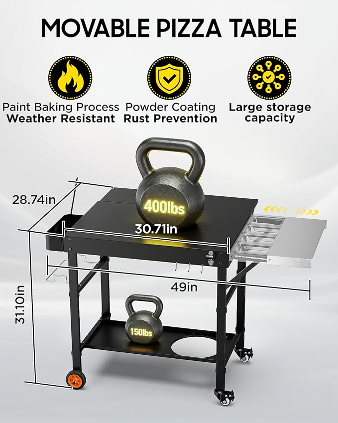 Pizza Oven Table, Grill Table for Ninja Pizza Oven, Pizza Oven Cart Fits Blackstone 17/22 Griddle, Koda 12/16, Cuisinart Gozney, Solo Stove,Outdoor Pizza Oven cart with Sliding Covered Storage Tray