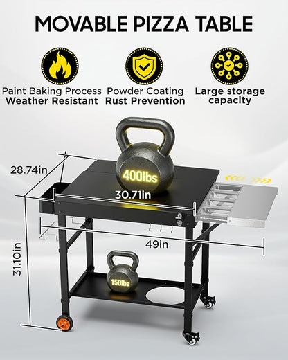 Pizza Oven Table, Grill Table for Ninja Pizza Oven, Pizza Oven Cart Fits Blackstone 17/22 Griddle, Koda 12/16, Cuisinart Gozney, Solo Stove,Outdoor Pizza Oven cart with Sliding Covered Storage Tray