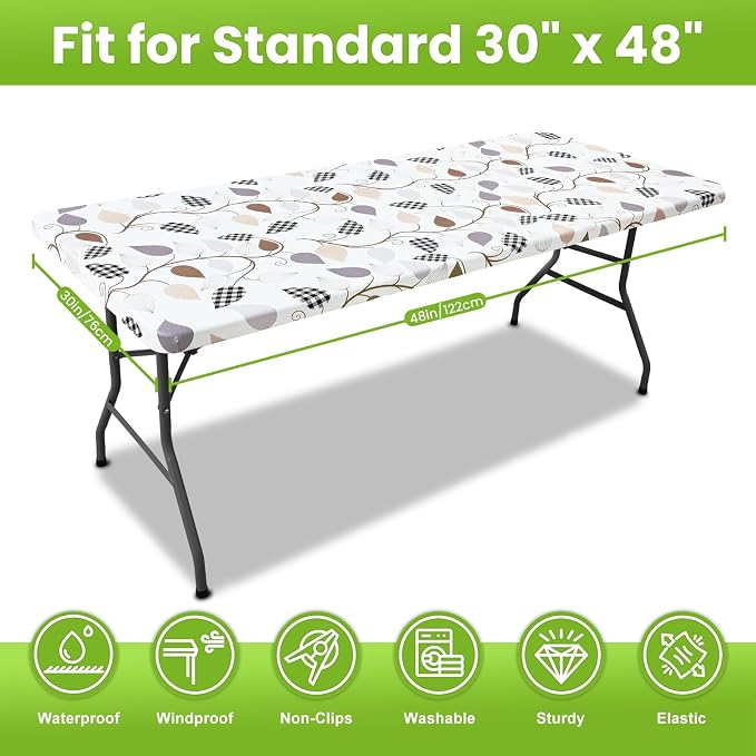 Smiry Spandex Fitted Tablecloth for 4 Foot Rectangle Tables, Washable Picnic Table Cover with Elastic, Stretch Reusable Table Cloth for Outdoor, Camping, Dining & Kitchen (Leaves, 30"x48")