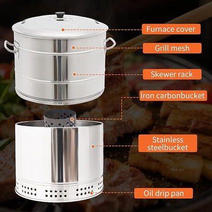 Barril Para Asar Carne, Large Portable Charcoal Grills with S Hook Grilled Fish Clip Shakers Stainless 360° Smokeless Outdoor Barbecue Grill for Outdoor Cooking and Barbecue