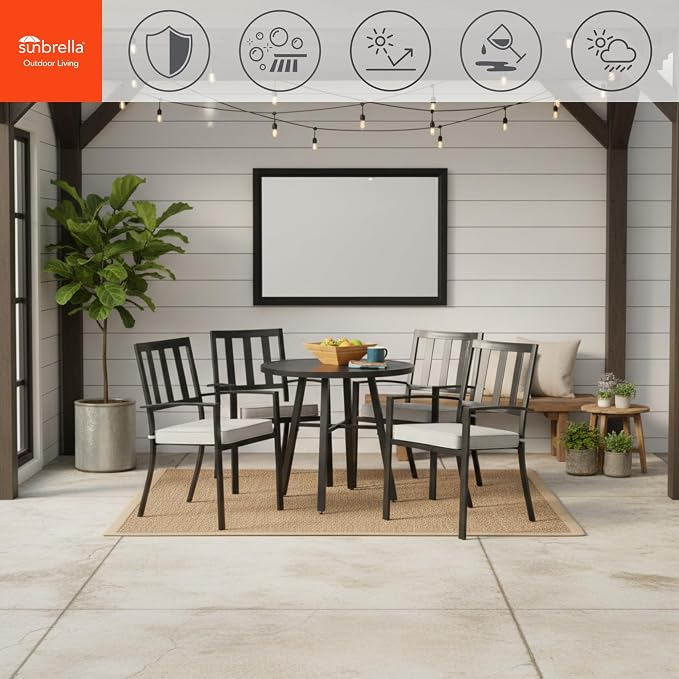 Indoor/Outdoor Chair Pads in Sunbrella Fabric – 17''x17'' Patio Seat Cushions with Foam Insert, Removable Reversible Cover & Ties for Patio Dining Chairs – Set of 2 or 4, Canvas Granite