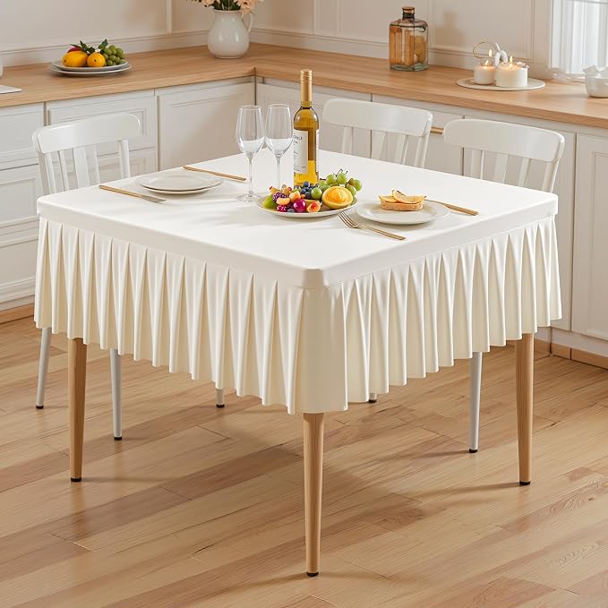 PARTISKY Ivory Spandex Square Tablecloths 34x34 Inch, 2 Pack Wrinkle Free Fitted Card Table Cloth Stretch Square Table Cover for Kitchen Dinner, Holiday Party, Wedding Banquet, Display Trade Show