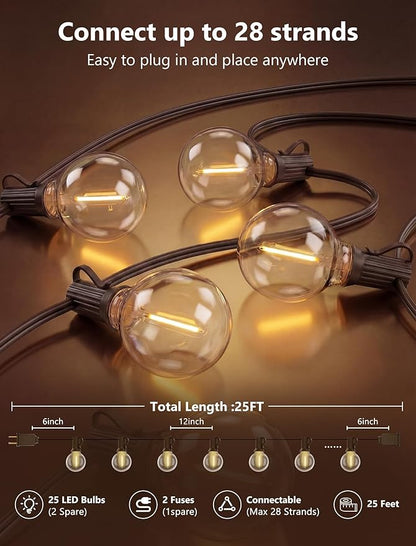 GOOTHY 25Ft Outdoor LED String Lights with 25 Shatterproof G40 LED Clear Globe Bulbs, Edison Vintage Bulbs Hanging Sockets, Decorative Lighting for Café Patio Porch Party Yard Christmas-Brown Wire