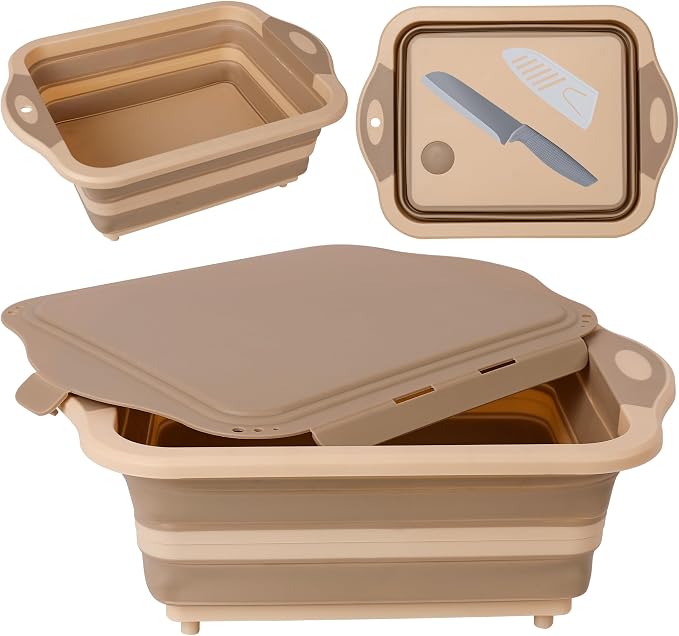 QiMH Collapsible BBQ Prep Tub, Picnic Basket with Lid, Foldable Dish Basin, Food Grade Silicone Cutting Board for Washing and Draining Veggies and Fruits, Portable for Camping, Traveling, and Kitchen
