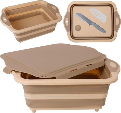 QiMH Collapsible BBQ Prep Tub, Picnic Basket with Lid, Foldable Dish Basin, Food Grade Silicone Cutting Board for Washing and Draining Veggies and Fruits, Portable for Camping, Traveling, and Kitchen
