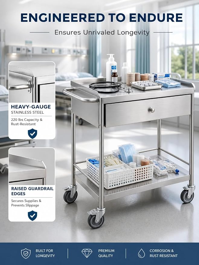 Metal Rolling Cart with 360° Silent Wheels, 220 lbs Capacity Utility Cart | 2-Tier Medical Cart with Handle & Lockable Casters for Lab, Clinic, Kitchen, BBQ Party, Salon