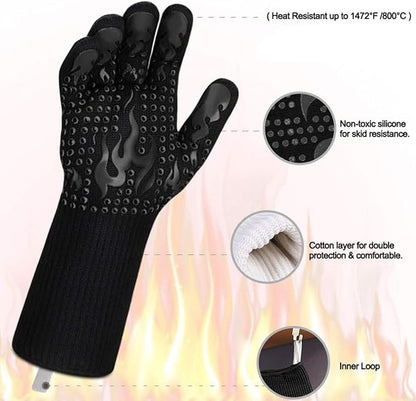 Heat Resistant BBQ Gloves, 1472°F Grilling Gloves with Silicone Non-Slip Grip, Long Cuff Oven Gloves for Barbecue, Cooking, Baking, Smoker, Fryer and Kitchen Use, 1 Pair (Black)