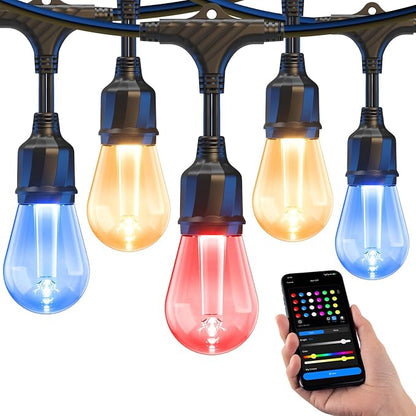 XMCOSY+ Smart Outdoor String Lights 49FT, LED Patio Lights with App Control | DIY Color Changing, RGBCW Dimmable White, Segment Control, Alexa Voice Control, Shatterproof IP65 Waterproof Outside Lights