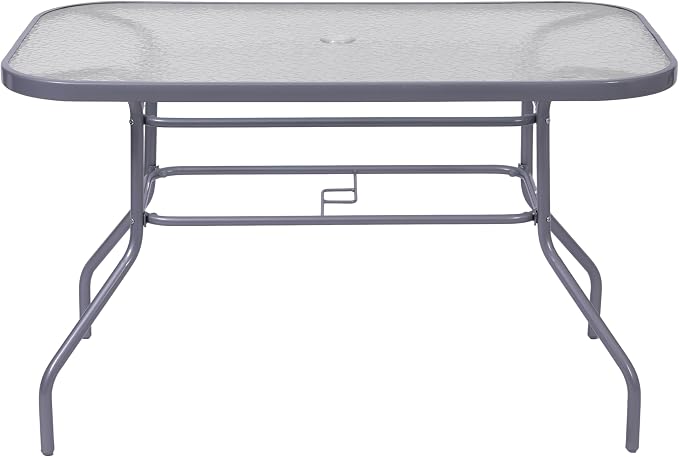 Flash Furniture Commercial 27.5x47.25 in Steel Patio Table, Silver | Tempered Glass Top with Umbrella Hole