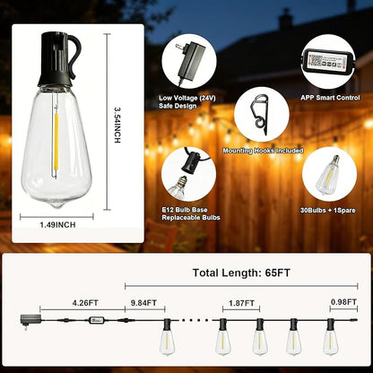 ST38 Outdoor String Lights 65FT, App and Remote, 24V Warm White | 30 ST38 LED bulbs + 1 spare, app and remote control, music sync, dimmable 2700K glow, 30 clips, rain-resistant design