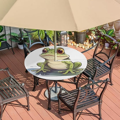 Fitted Round Tablecloth with Umbrella Hole and Zipper Frog Outdoor Elastic Table Cloth 36"-44" Oil-Proof Waterproof Green Frog Patio Table Cover for Picnic Party