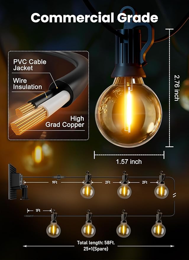 Brightown 58FT 26LED Solar String Lights Outdoor with USB Port, Shatterproof Bulbs, 3 Lighting Modes, Patio Lights Solar Powered for Camping Backyard Garden Decor - Last for 20+Hrs
