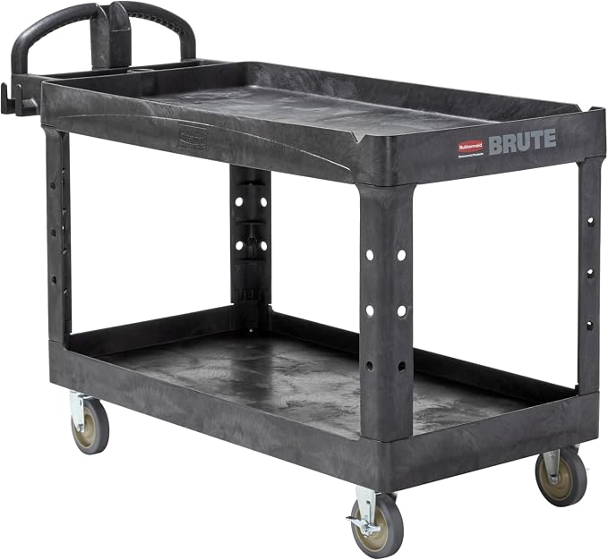 Rubbermaid Commercial Products BRUTE Heavy Duty 2-Shelf Utility/Service Cart, Medium, Lipped Shelves, Ergonomic Handle, 750 lb Capacity, Black, for Warehouse/Garage/Cleaning/Office