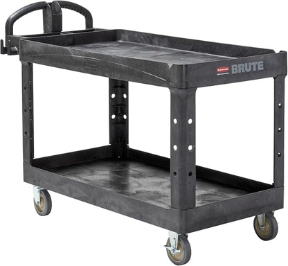 Rubbermaid Commercial Products BRUTE Heavy Duty 2-Shelf Utility/Service Cart, Medium, Lipped Shelves, Ergonomic Handle, 750 lb Capacity, Black, for Warehouse/Garage/Cleaning/Office