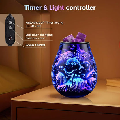 Inrorans Glass Electric Wax Melt Warmer Oil Burner with Stable Heating PTC Reusable Silicone Tray 7 Colorful Changing Led Light Night Light Scent Warmer for Home Fragrance Warmers-Dolphin Timer