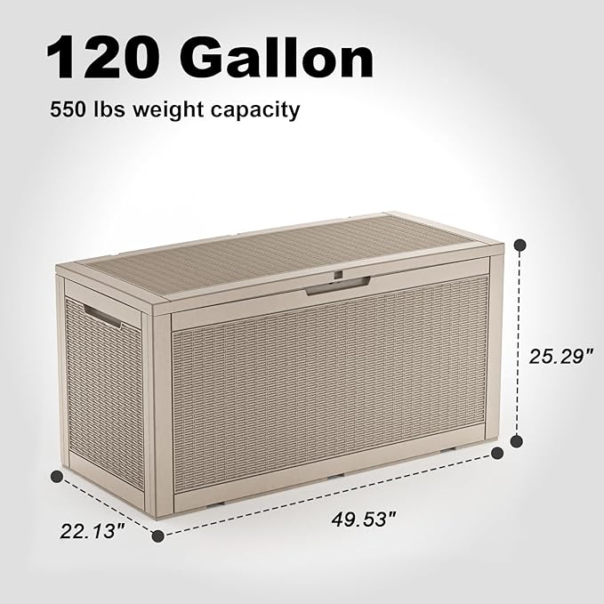 120 Gallon Large Outdoor Storage Box Waterproof, UV Resistant Resin Deck Box with Hydraulic Rod for Patio Furniture,Garden Tools,Cushions, Easy to Install（Grey）