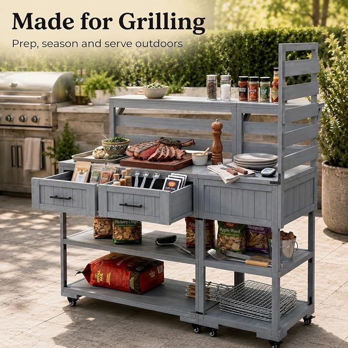 Outdoor Kitchen Cart with Stainless Steel Top, 62.3 Inch | Fir wood frame, stainless surface, raised shelf, fixed shelf, 2 lockable wheels, split-use design, BBQ prep, patio garden use