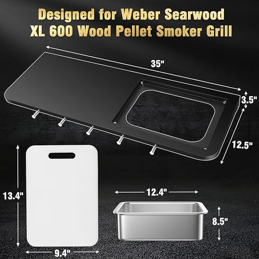 Front Folding Grill Table for Weber Searwood XL 600 Pellet Grill, 35" x 12.5" Large Prep Shelf with Stainless Steel Basin, Cutting Board, Lid & 5 Hooks, Heavy-Duty Weber Searwood XL 600 Accessories