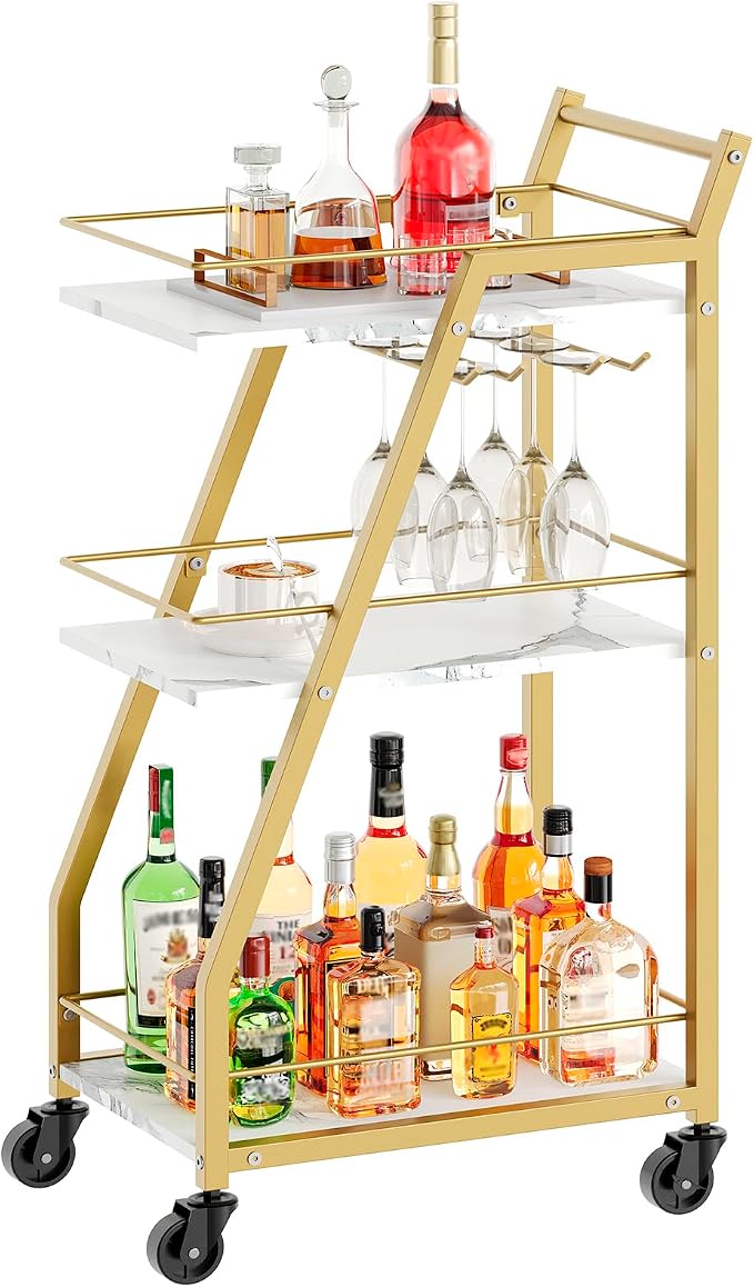 Bar Cart, 3-Tier Home Bar Serving Cart with Wheels, Drink Cart with Glass Holder, Beverage Cart, Rolling Kitchen Cart, for Home, Living Room, Gold BC03DW