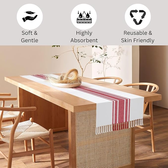 Table Runner 100% Cotton - 90 Inches Long Farmhouse Table Runner with Tassels - Tight-Weave Washable Non-Slip - for Dining Kitchen Holidays Events - 14x90 Inches - Red