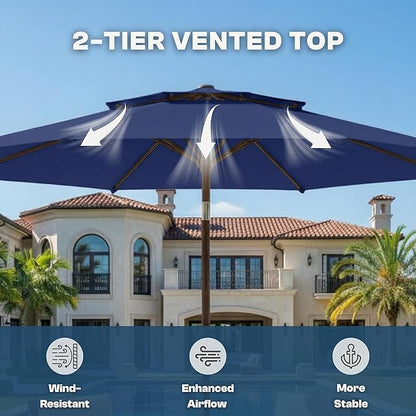 Outdoor Patio Umbrella, 2 Tiers Market Table Umbrella with 8 Sturdy Ribs, Push Button Tilt and Crank, UPF50+ UV Protection for Deck, Pool, Garden and Backyard