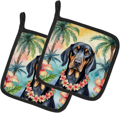 Caroline's Treasures Black and Tan Coonhound Luau Pair of Pot Holders Kitchen Heat Resistant Pot Holders Sets Oven Hot Pads for Cooking Baking BBQ, 7 1/2 x 7 1/2