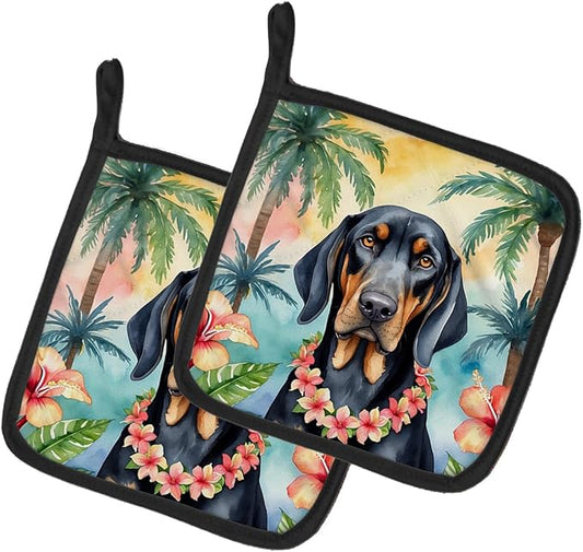 Caroline's Treasures Black and Tan Coonhound Luau Pair of Pot Holders Kitchen Heat Resistant Pot Holders Sets Oven Hot Pads for Cooking Baking BBQ, 7 1/2 x 7 1/2