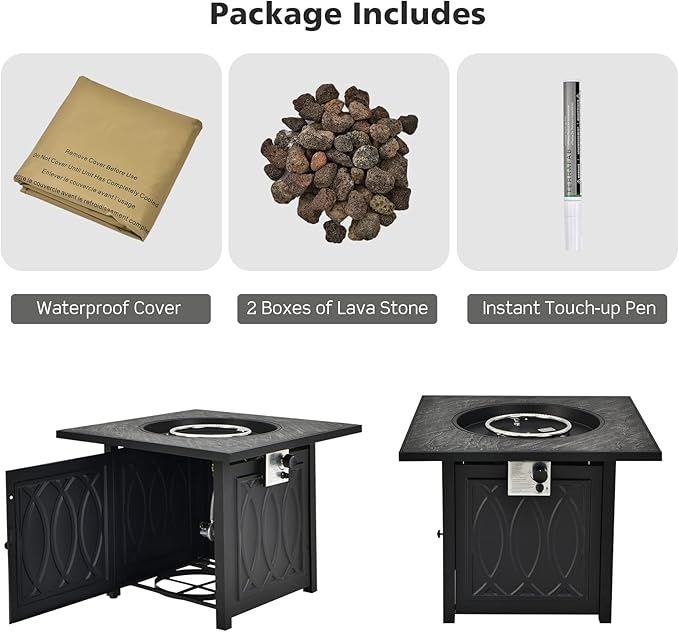 Tangkula 32 Inches Gas Fire Pit Table, 50,000 BTU Square Propane Firepit with High-Temp Resistant Tabletop, Adjustable Flame Lava Rocks and Waterproof Cover, Outdoor Fire Pit Table (Black)