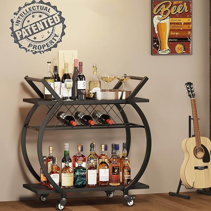LVB Black Bar Cart with Wheels, Industrial Wine Cart with Storage for Home | Modern Bar Cart with Wine Rack, Beverage Rolling Kitchen Serving Cart, Wooden Microwave Drink Liquor Cart for Dining Room