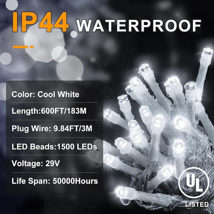 KNONEW 600ft 1500 LED String Lights Outdoor Christmas Lights 8 Modes & Timer Fairy Light Plug in Waterproof LED String Lights for Xmas Yard Tree Wedding Party Holiday Decorations (Cool White)