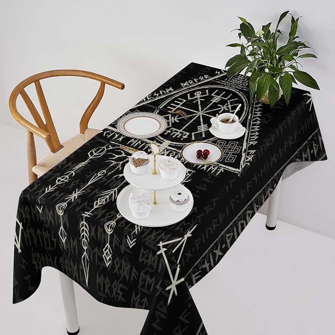Vintage Viking Pattern Tablecloth, Gothic Helm of Terror Scandinavian Viking Seasonal Table Cloth Waterproof Wipeable Table Cover for Picnic Holiday Party Kitchen Dining 60x90