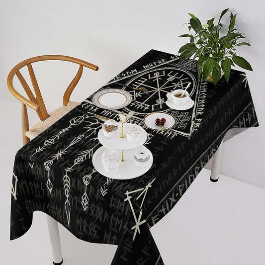 Vintage Viking Pattern Tablecloth, Gothic Helm of Terror Scandinavian Viking Seasonal Table Cloth Waterproof Wipeable Table Cover for Picnic Holiday Party Kitchen Dining 60x90