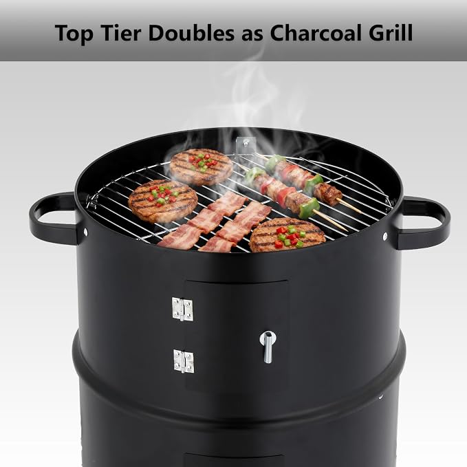 Vertical Charcoal Grill & Smoker for Backyard BBQ, Outdoor Cooking with Chimney and Powder-Coated Iron, Compact Barrel-Style Design, Black
