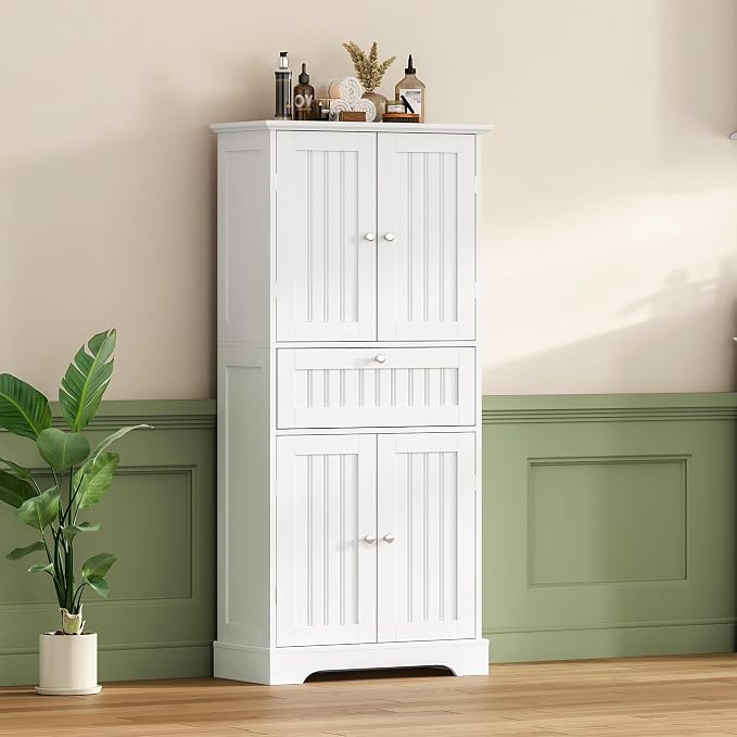 ChooChoo 51" H Bathroom Floor Cabinet with Drawers and Adjustable Shelves | Bathroom Storage Cabinet, Freestanding Kitchen Pantry Cupboard with 4 Doors for Living Room, White