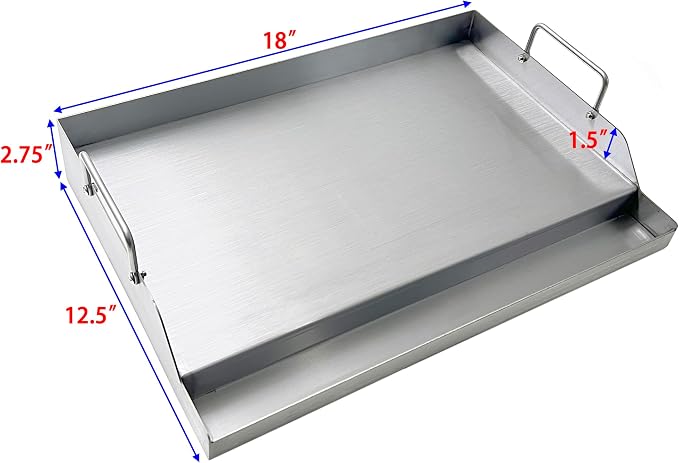 Parts DS126 Stainless Steel BBQ Cooking Griddle, Universal Flat Top Griddle with 2 Handles for Most Gas Grills, W18"×D12.5"×H2.75", Heavy Duty Stainless Steel Griddle 1pc, Middle size