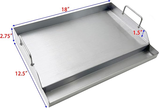 Parts DS126 Stainless Steel BBQ Cooking Griddle, Universal Flat Top Griddle with 2 Handles for Most Gas Grills, W18"×D12.5"×H2.75", Heavy Duty Stainless Steel Griddle 1pc, Middle size