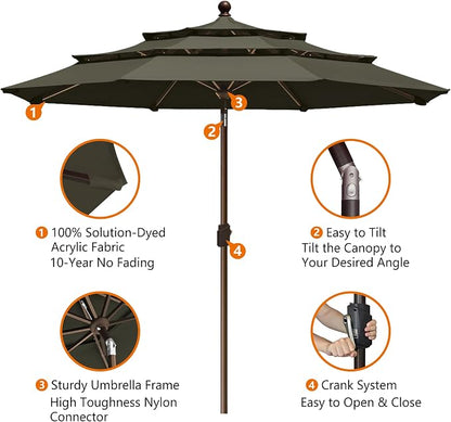 EliteShade USA 10-Year-Non-Fading 10ft 3-Tier Market Patio Umbrella, Commercial Grade Outdoor Table Umbrella with Crank Open, Windproof & UPF 50+ UV Protection, Heavy Duty Ventilation for Garden, Deck, Pool, Backyard, Beach & Bistro, Charcoal