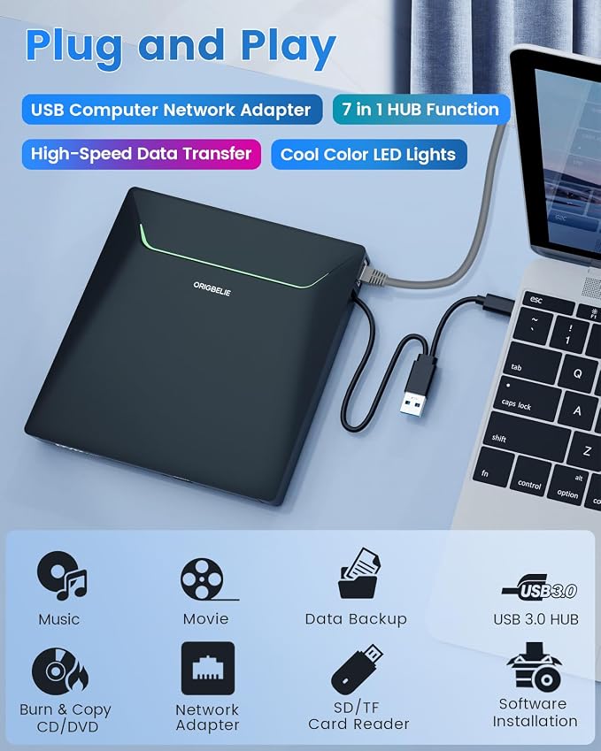 New External CD DVD Drive with Ethernet Adapter USB 3.0 Hub & Carrying Case | 3 USB & 2 TF/SD Card Ports, CD DVD Burner Player Reader Writer Optical Disc Drive for Laptop MacBook PC Windows Linux Mac OS
